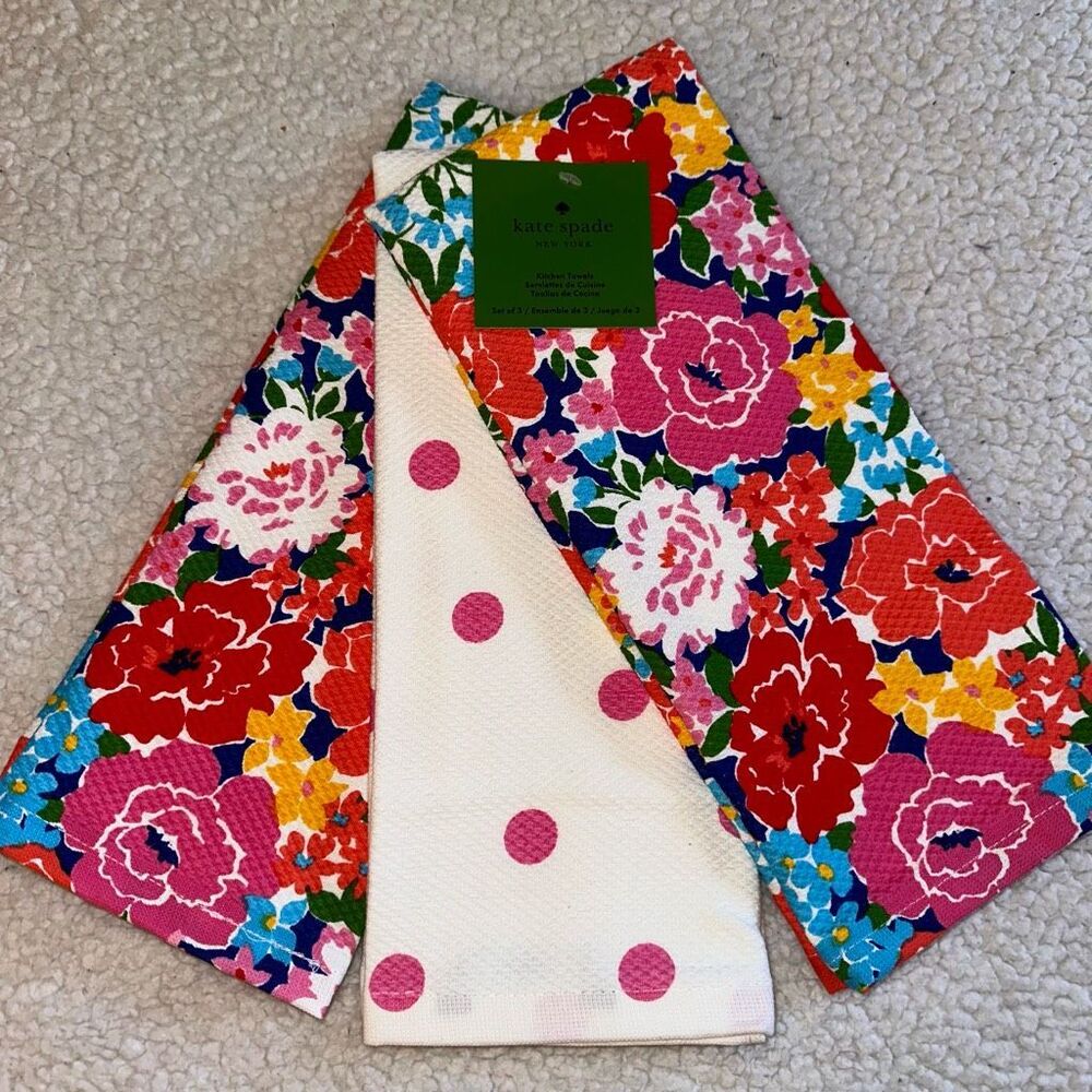Kate Spade Colorful Floral Pattern Kitchen Towels Set of 3 NWT
